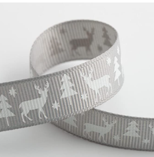 Stag Christmas Grosgrain Ribbon – 16mm x 5m – Silver