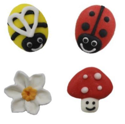 Ladybird, Bee, Mushroom & Daisy Sugar Decorations – 12 Piece